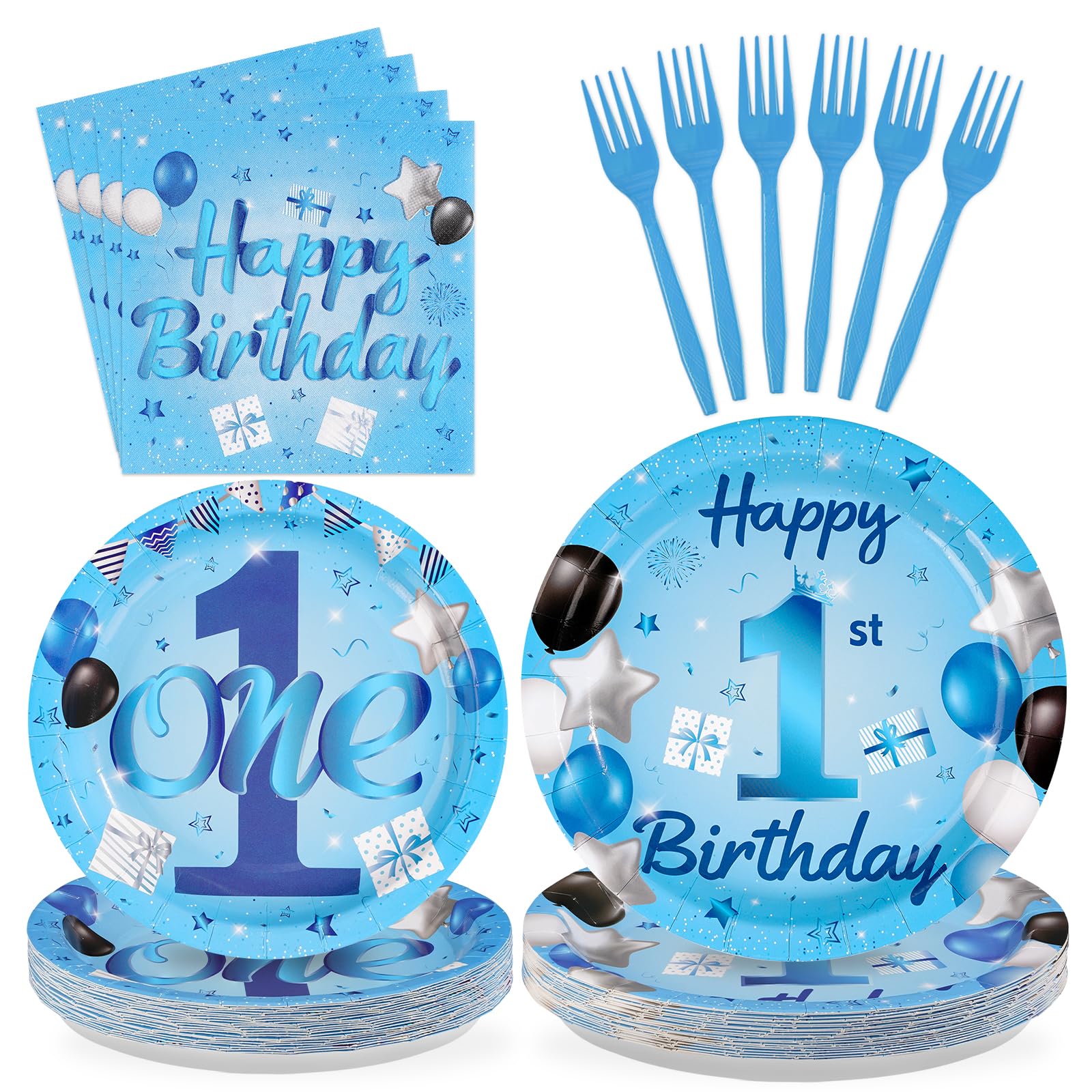 96 Pcs Blue 1st Birthday Party Plates and Napkins - Grencian