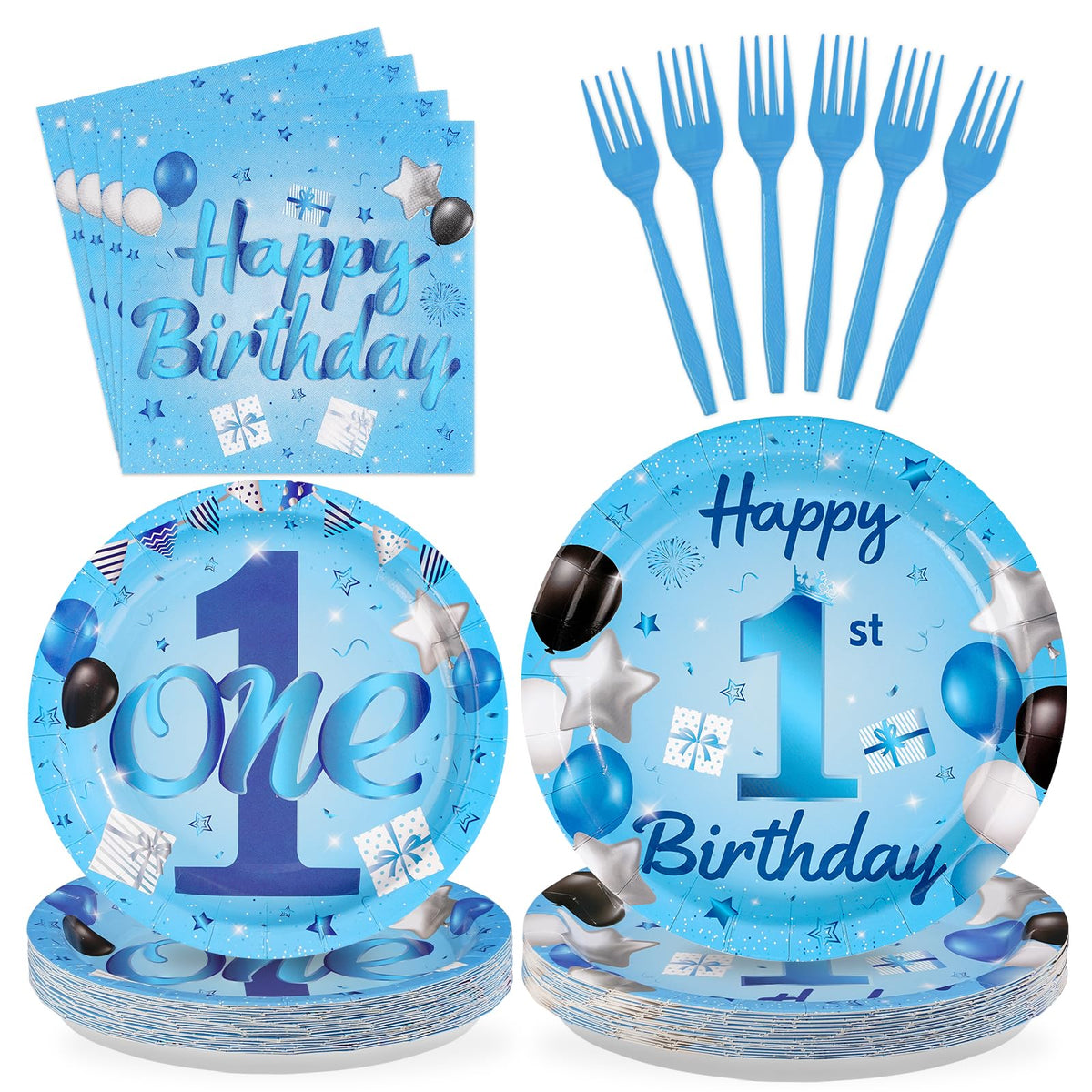 96 Pcs Blue 1st Birthday Party Plates and Napkins - Grencian