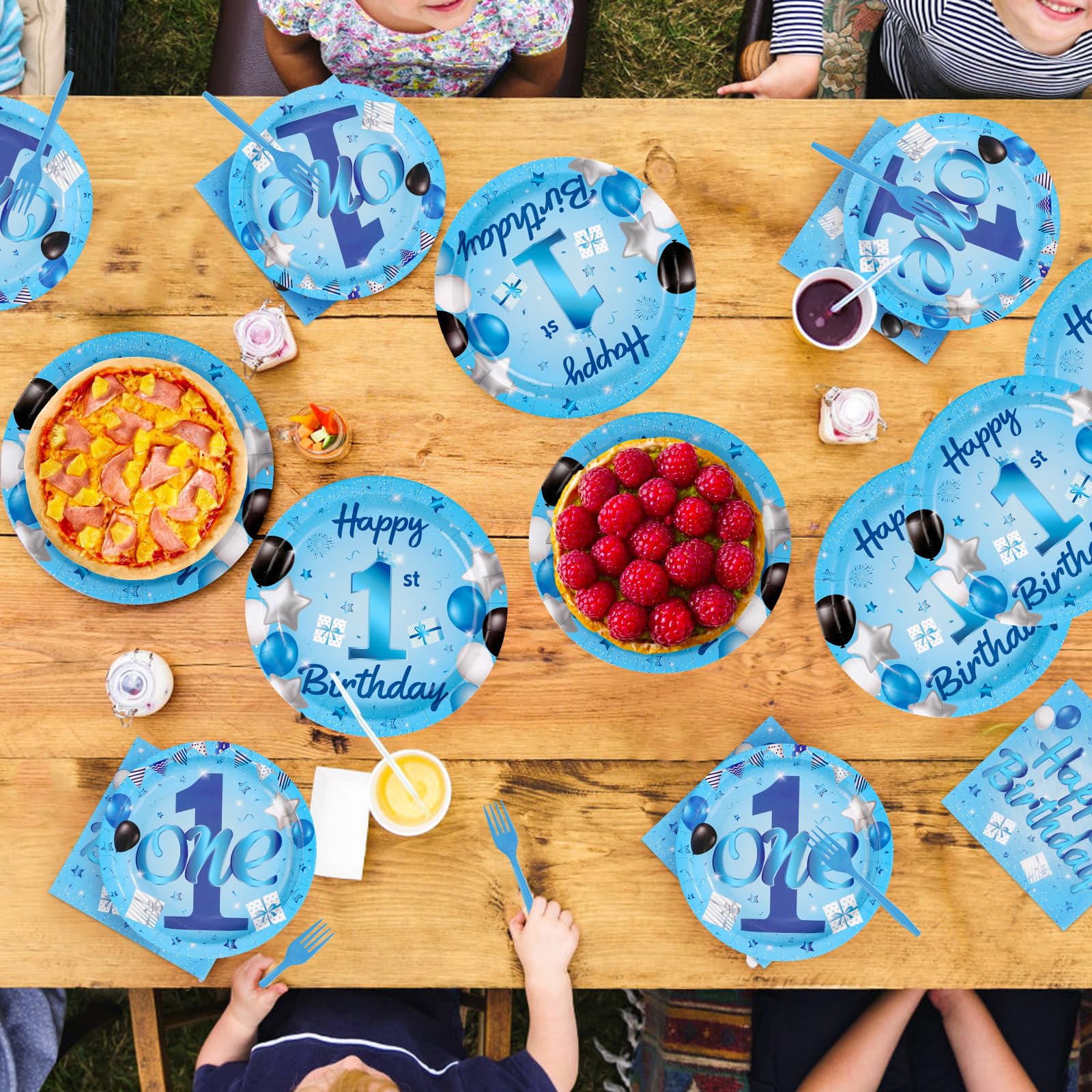 96 Pcs Blue 1st Birthday Party Plates and Napkins - Grencian
