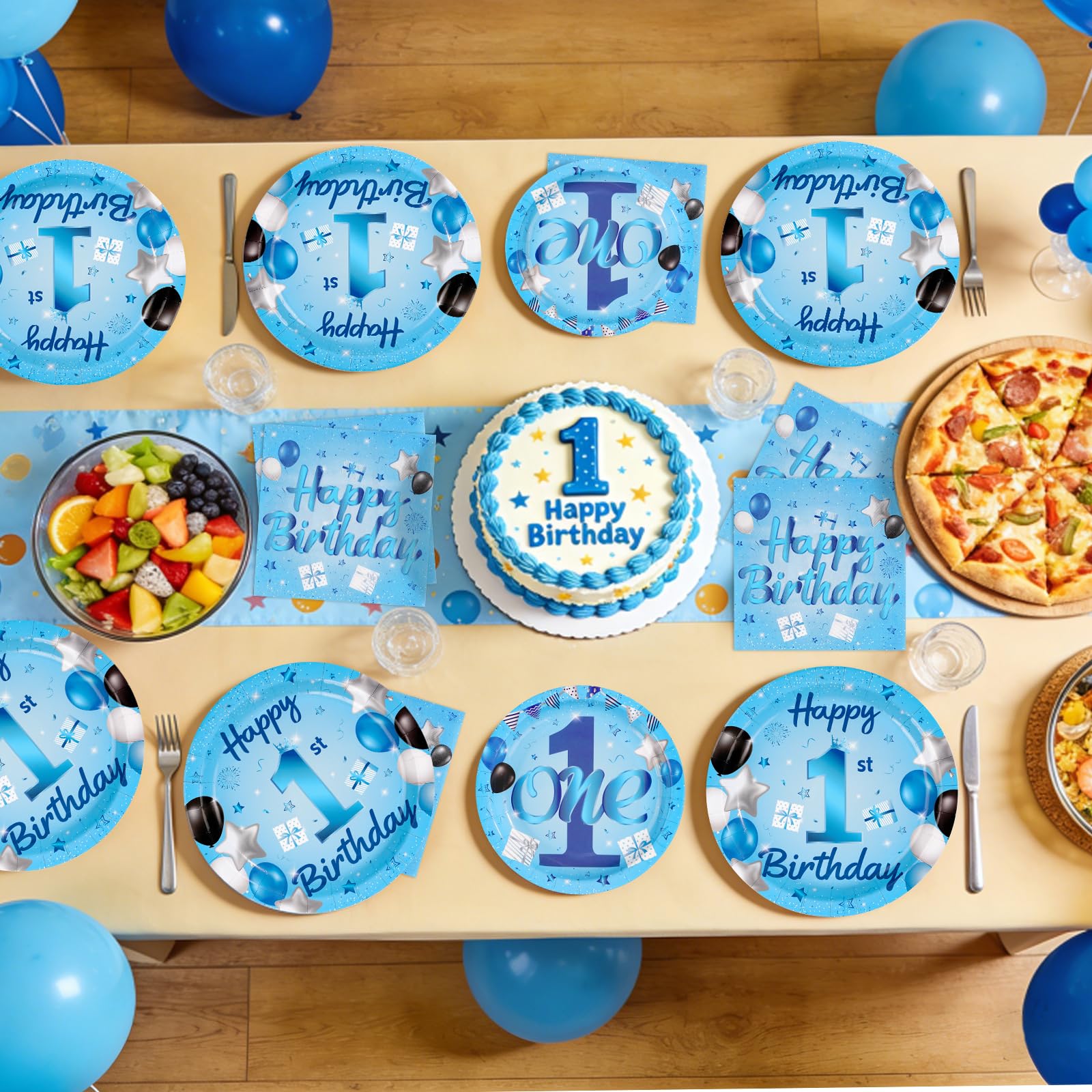 96 Pcs Blue 1st Birthday Party Plates and Napkins - Grencian
