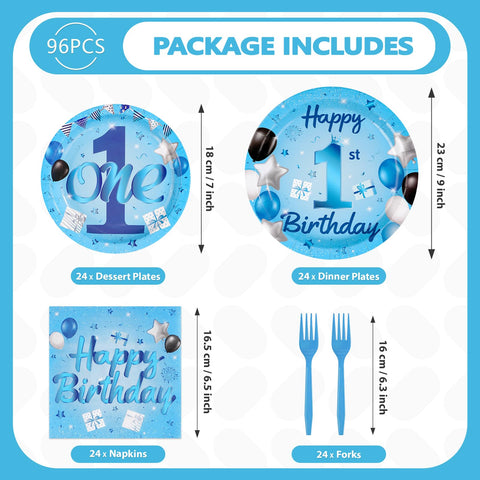 96 Pcs Blue 1st Birthday Party Plates and Napkins - Grencian