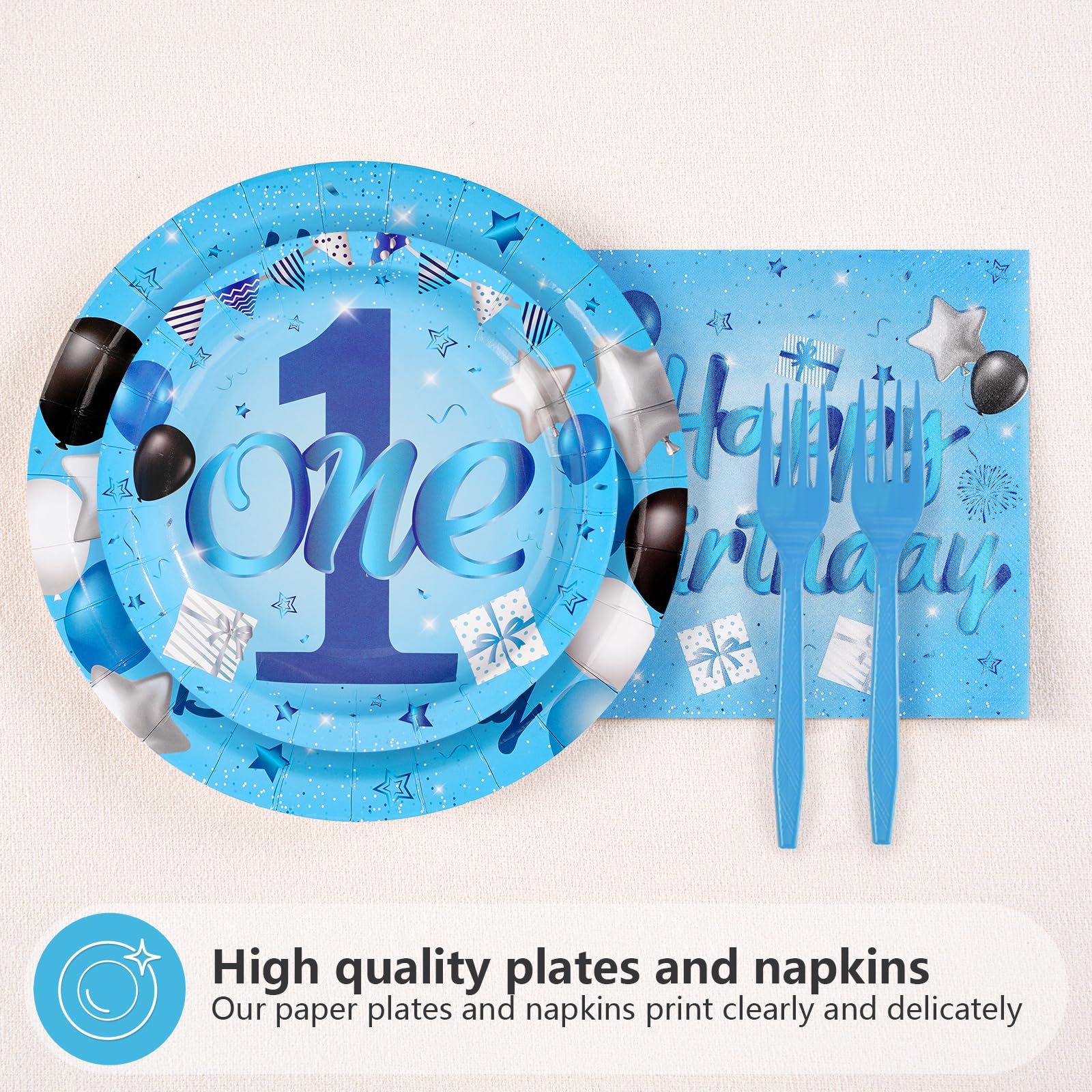 96 Pcs Blue 1st Birthday Party Plates and Napkins - Grencian