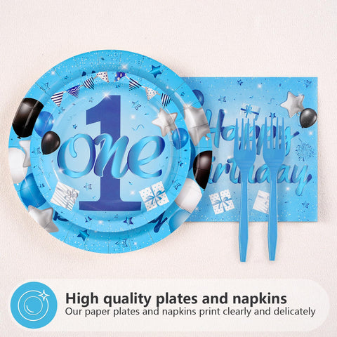 96 Pcs Blue 1st Birthday Party Plates and Napkins - Grencian