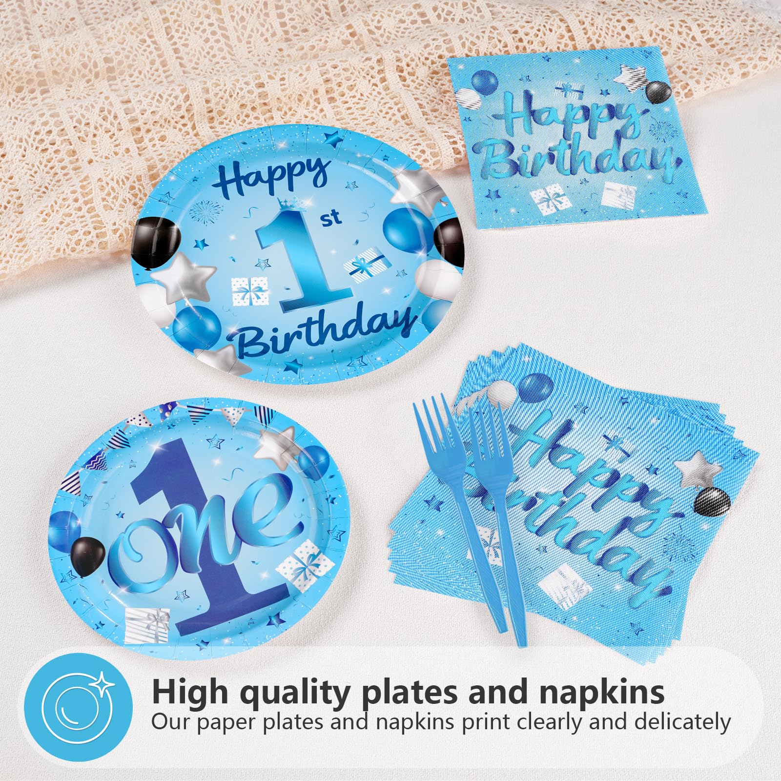 96 Pcs Blue 1st Birthday Party Plates and Napkins - Grencian