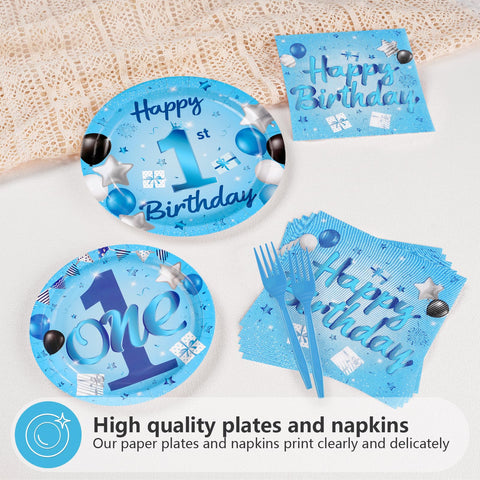 96 Pcs Blue 1st Birthday Party Plates and Napkins - Grencian