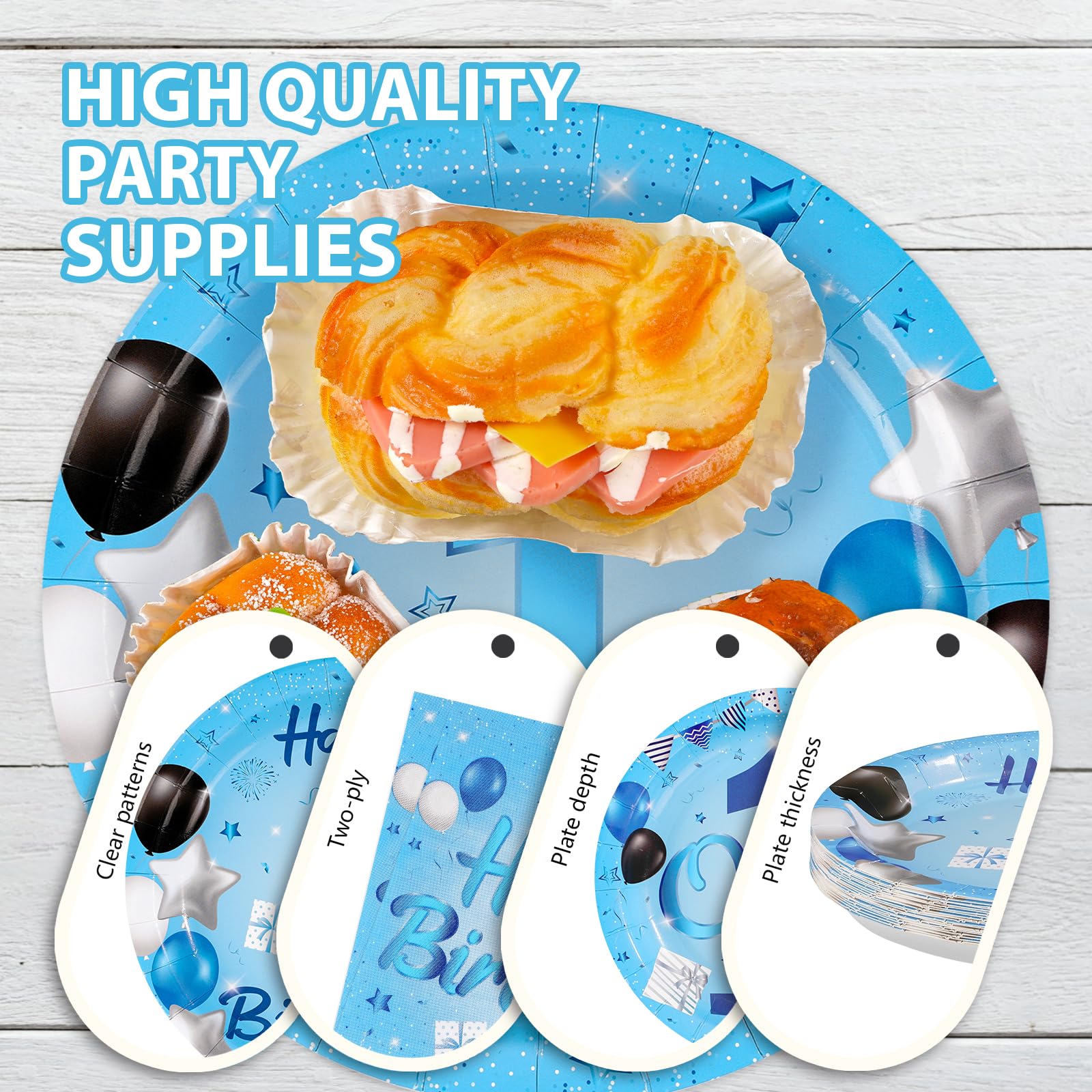96 Pcs Blue 1st Birthday Party Plates and Napkins - Grencian