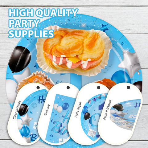 96 Pcs Blue 1st Birthday Party Plates and Napkins - Grencian