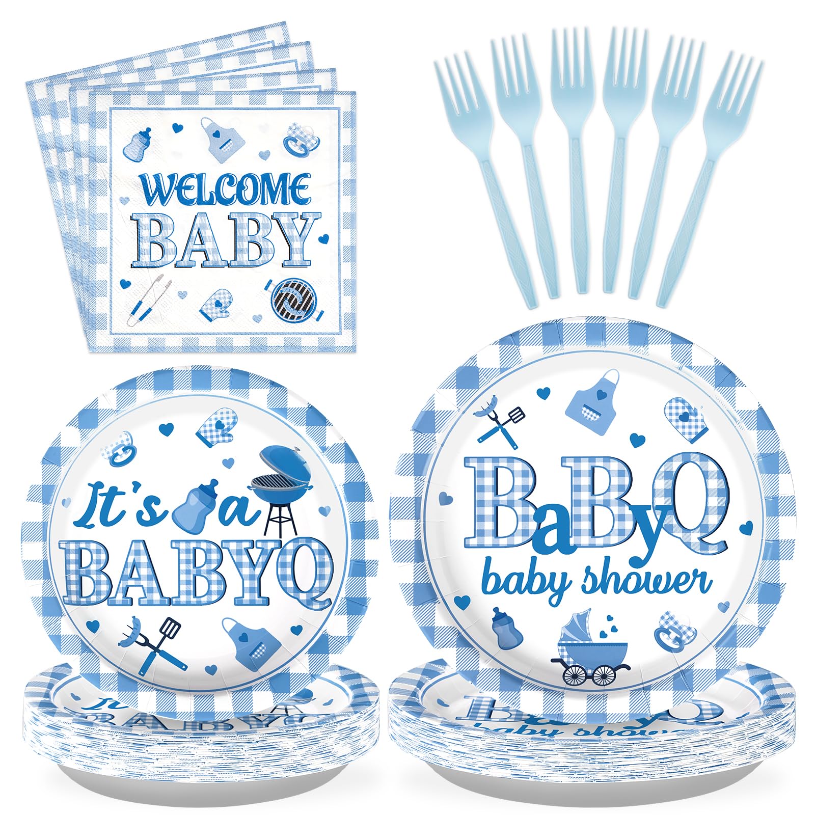 96 Pcs Blue BBQ Baby Shower Party Plates and Napkins - Grencian