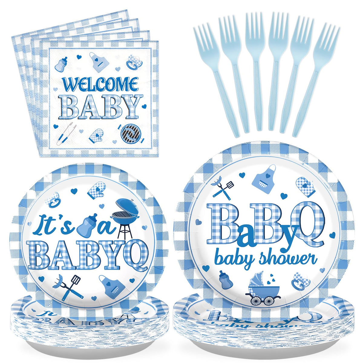 96 Pcs Blue BBQ Baby Shower Party Plates and Napkins - Grencian