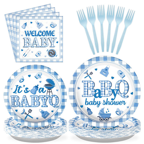 96 Pcs Blue BBQ Baby Shower Party Plates and Napkins - Grencian