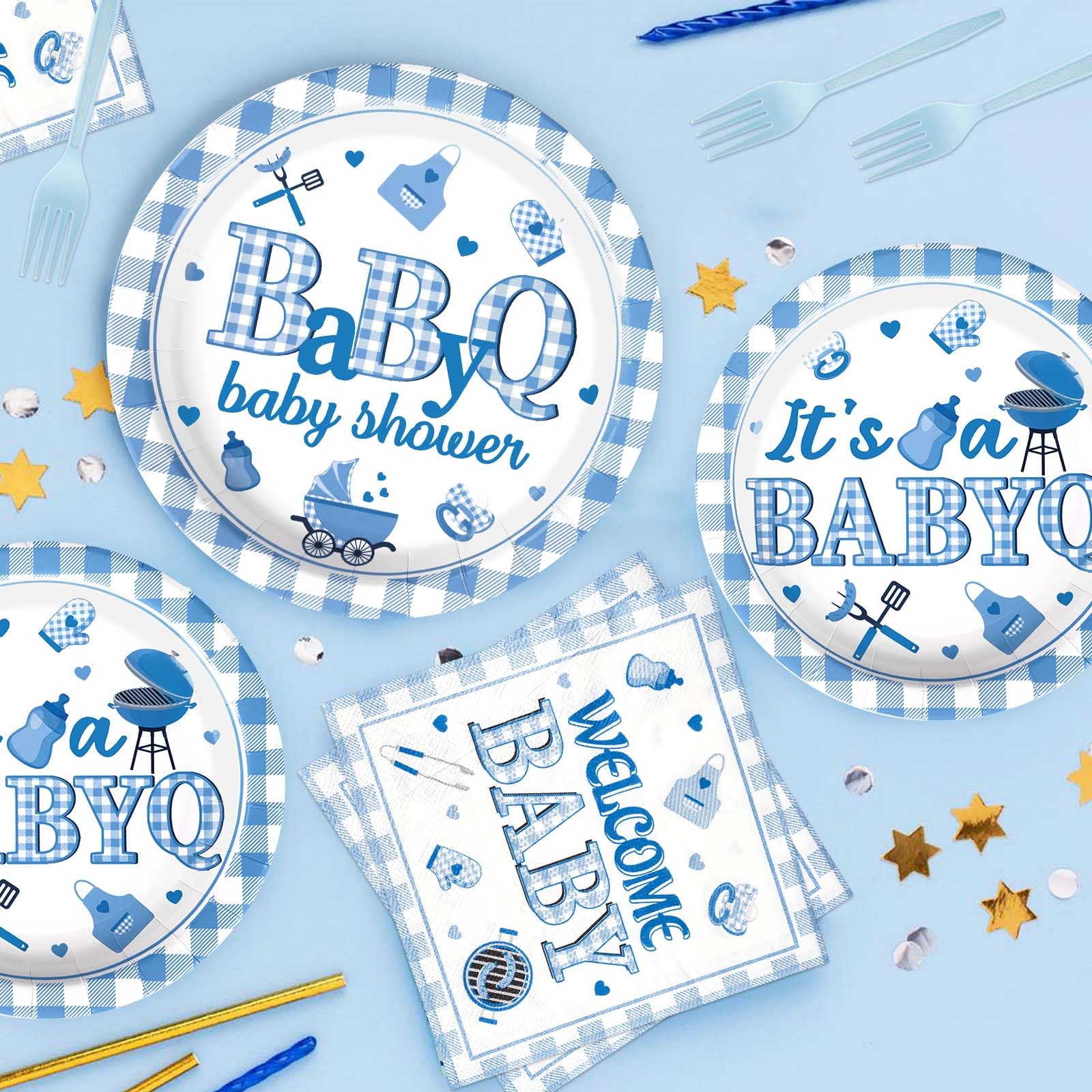 96 Pcs Blue BBQ Baby Shower Party Plates and Napkins - Grencian
