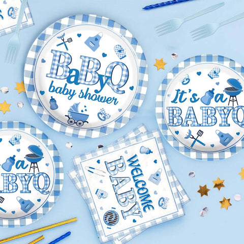 96 Pcs Blue BBQ Baby Shower Party Plates and Napkins - Grencian