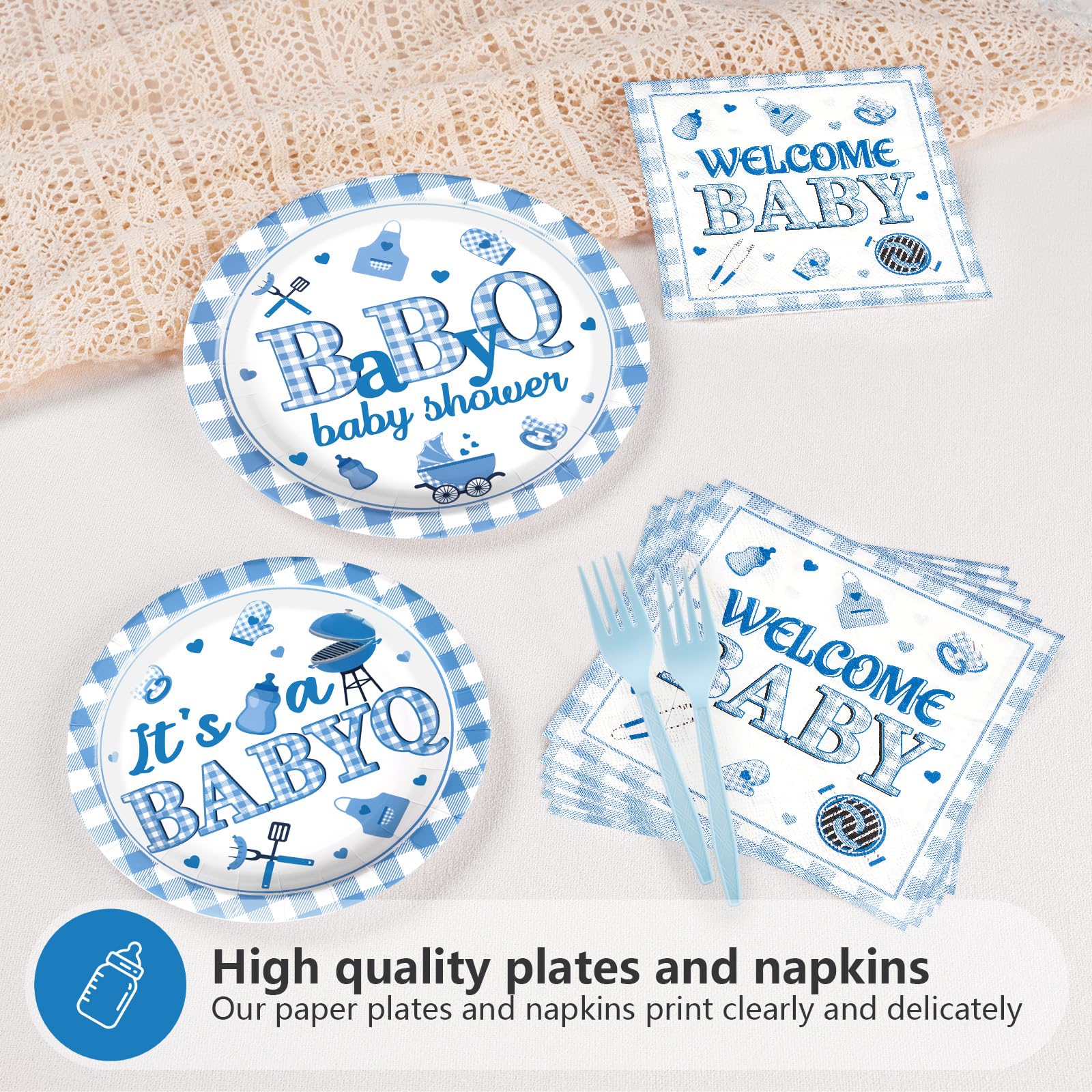 96 Pcs Blue BBQ Baby Shower Party Plates and Napkins - Grencian