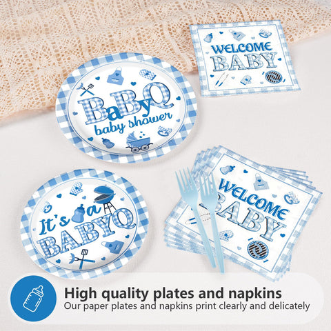 96 Pcs Blue BBQ Baby Shower Party Plates and Napkins - Grencian