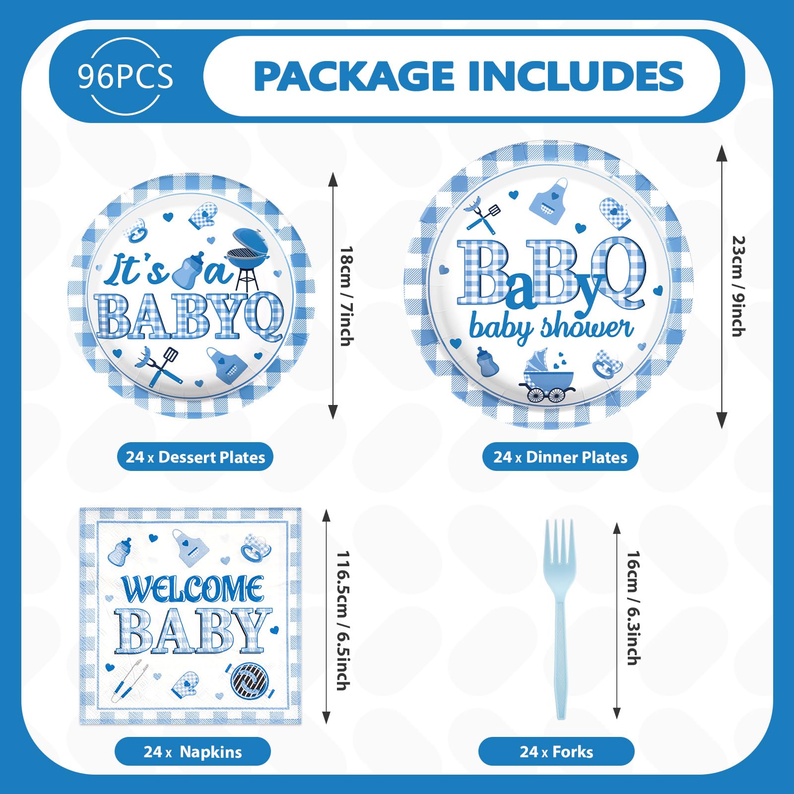 96 Pcs Blue BBQ Baby Shower Party Plates and Napkins - Grencian