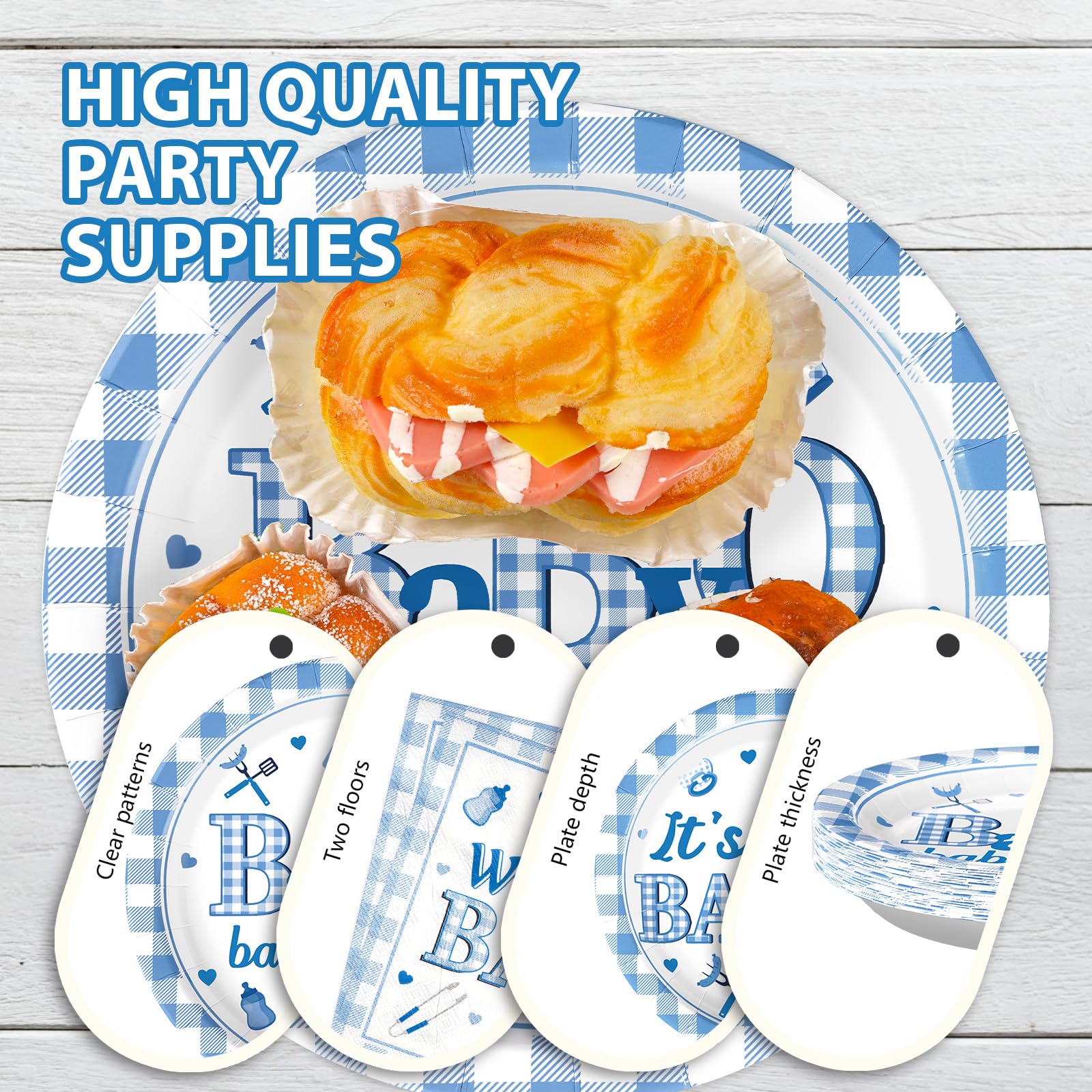 96 Pcs Blue BBQ Baby Shower Party Plates and Napkins - Grencian