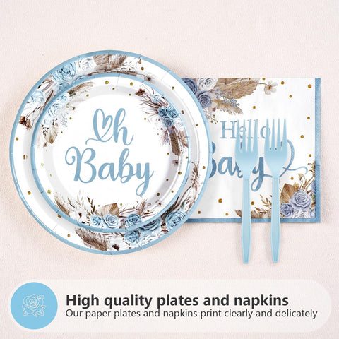 96 Pcs Blue Baby Shower Party Plates and Napkins - Grencian