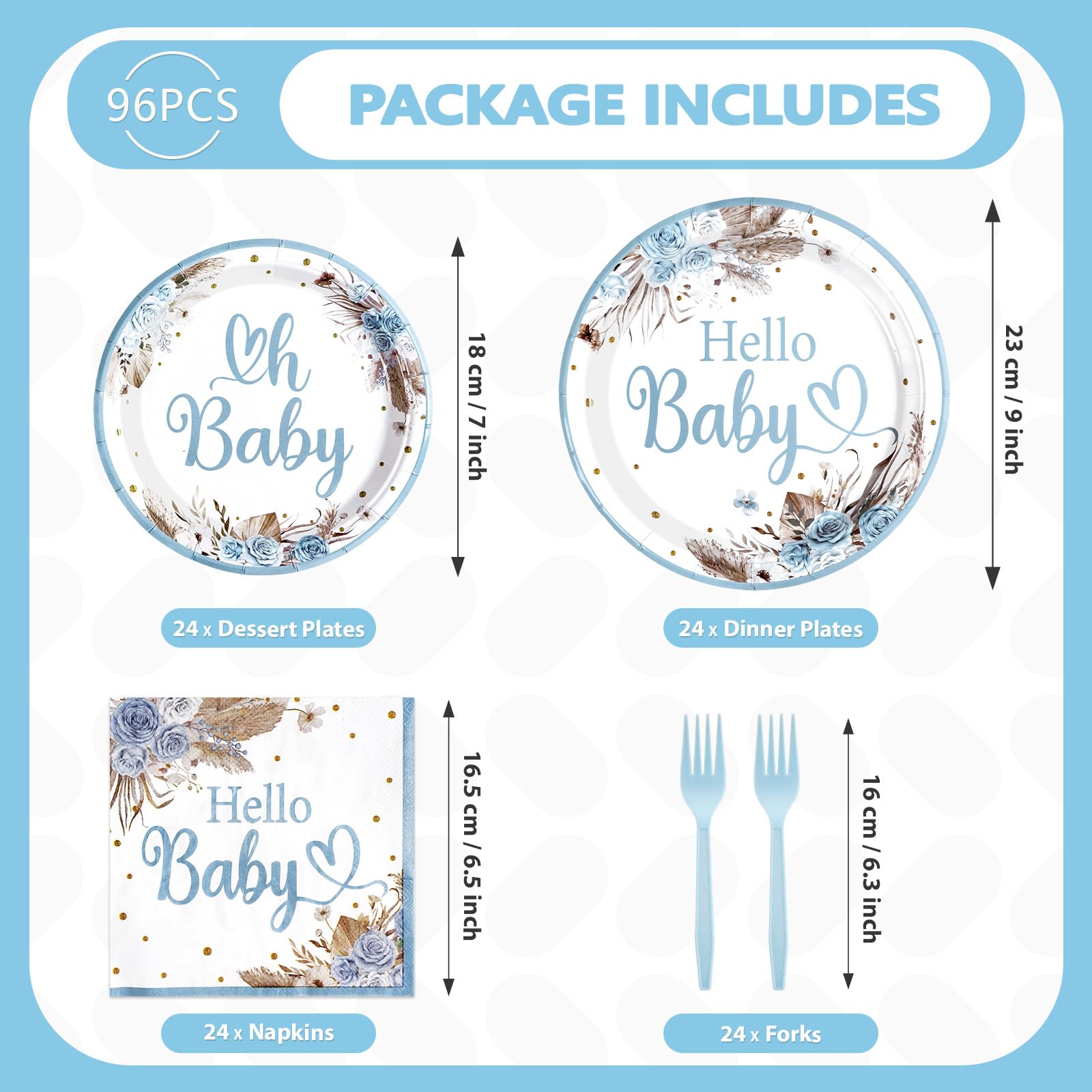96 Pcs Blue Baby Shower Party Plates and Napkins - Grencian