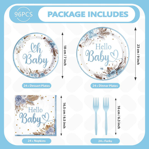 96 Pcs Blue Baby Shower Party Plates and Napkins - Grencian