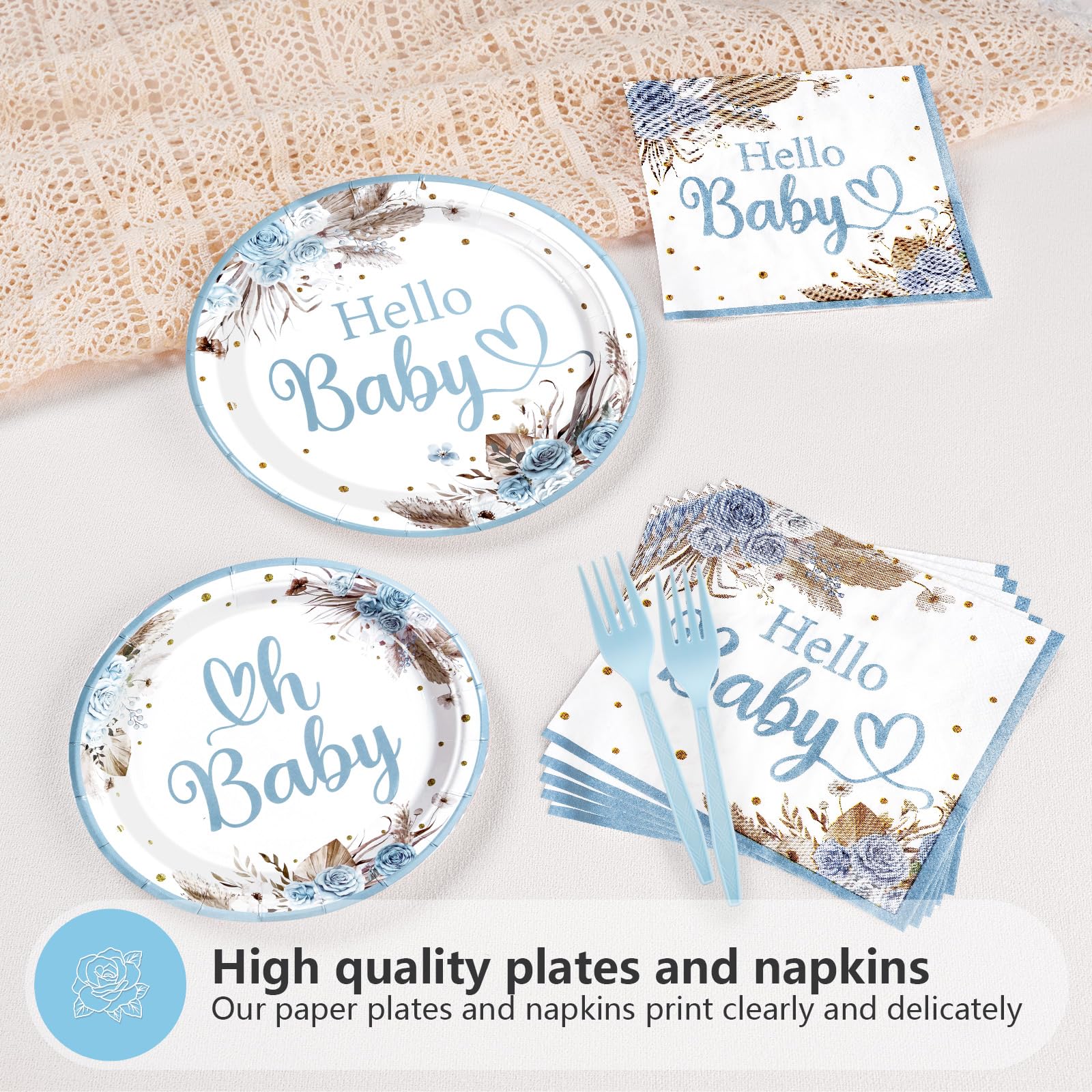 96 Pcs Blue Baby Shower Party Plates and Napkins - Grencian