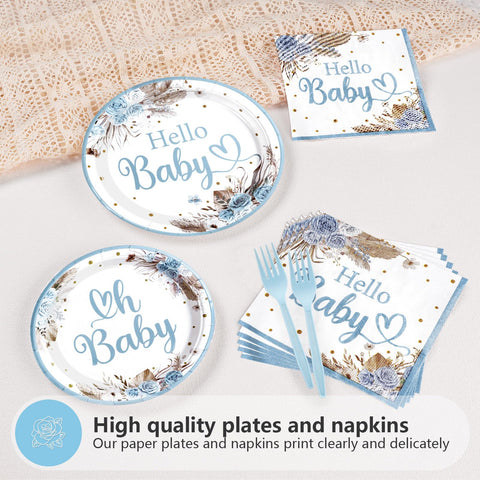 96 Pcs Blue Baby Shower Party Plates and Napkins - Grencian