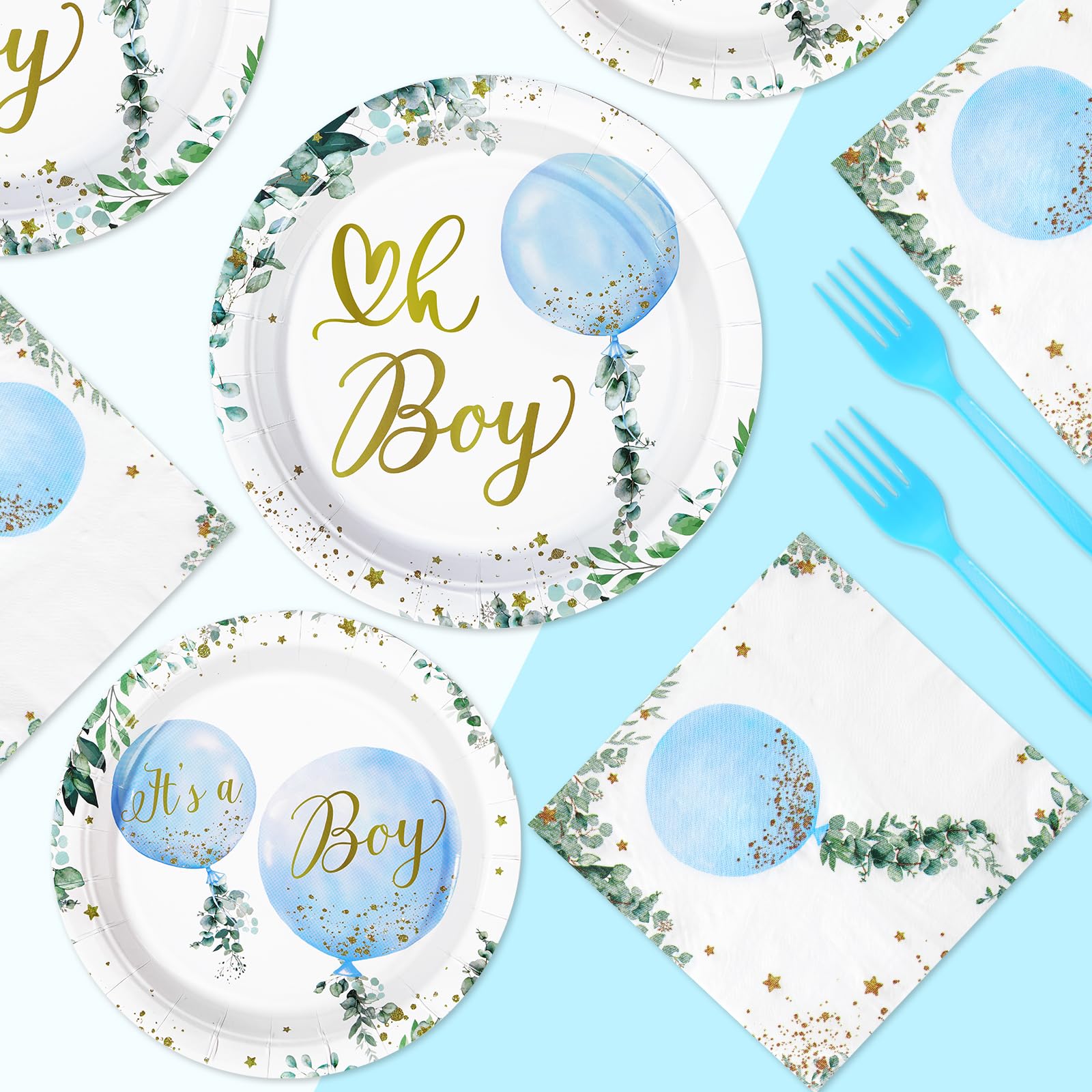 96 Pcs Blue Balloon Party Plates and Napkins - Grencian