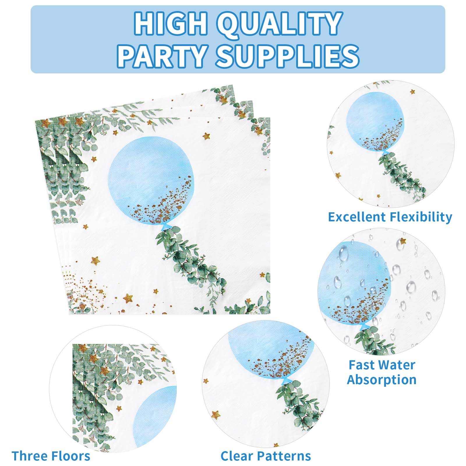 96 Pcs Blue Balloon Party Plates and Napkins - Grencian