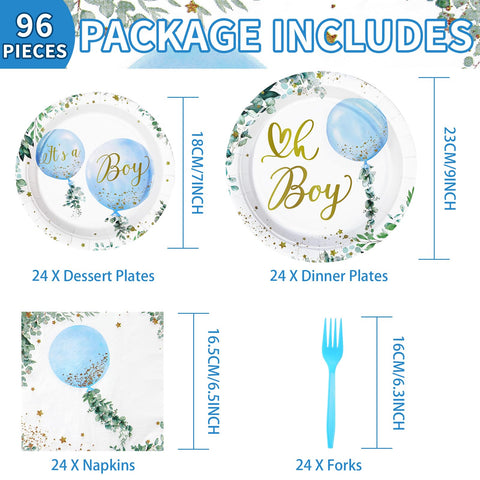 96 Pcs Blue Balloon Party Plates and Napkins - Grencian