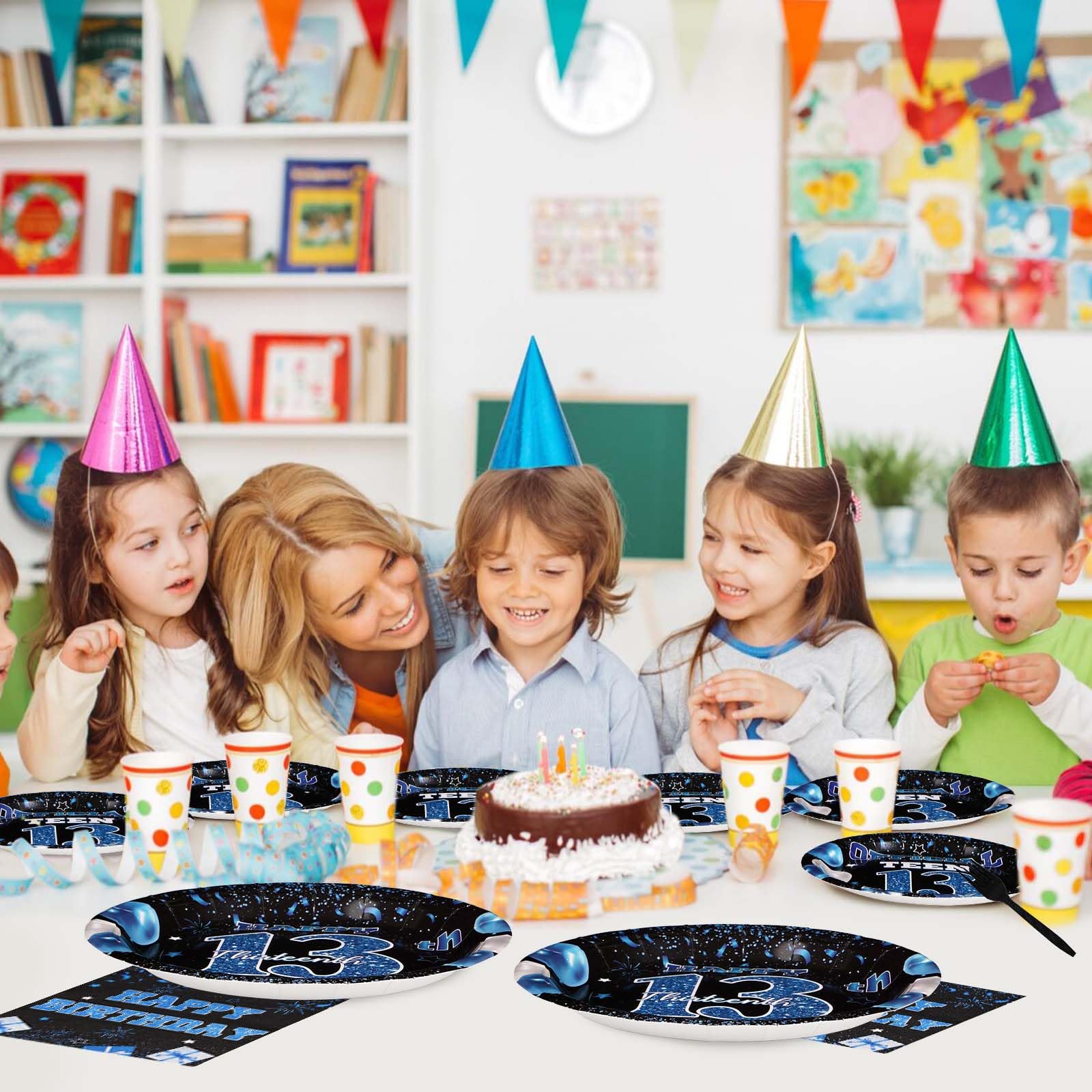 96 Pcs Blue and Black 13th Birthday Party Plates and Napkins - Grencian