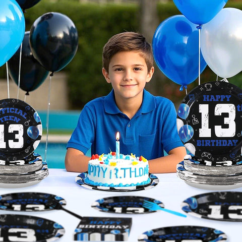 96 Pcs Blue Black 13th Birthday Party Plates and Napkins - Grencian