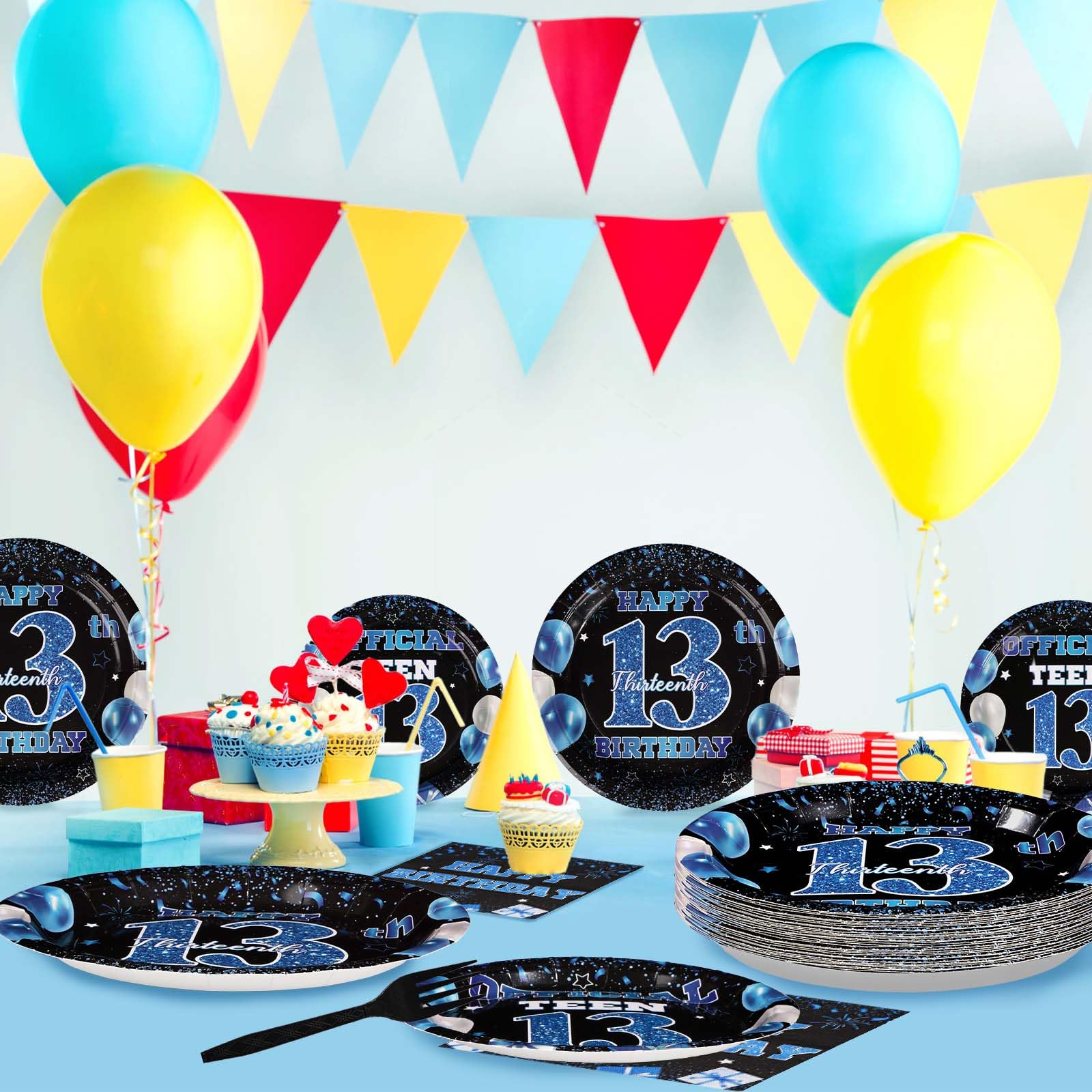 96 Pcs Blue and Black 13th Birthday Party Plates and Napkins - Grencian