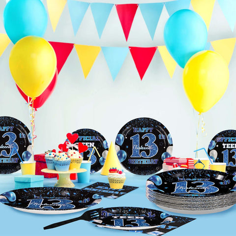 96 Pcs Blue and Black 13th Birthday Party Plates and Napkins - Grencian