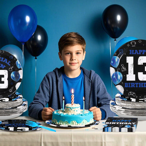 96 Pcs Blue Black 13th Birthday Party Plates and Napkins - Grencian