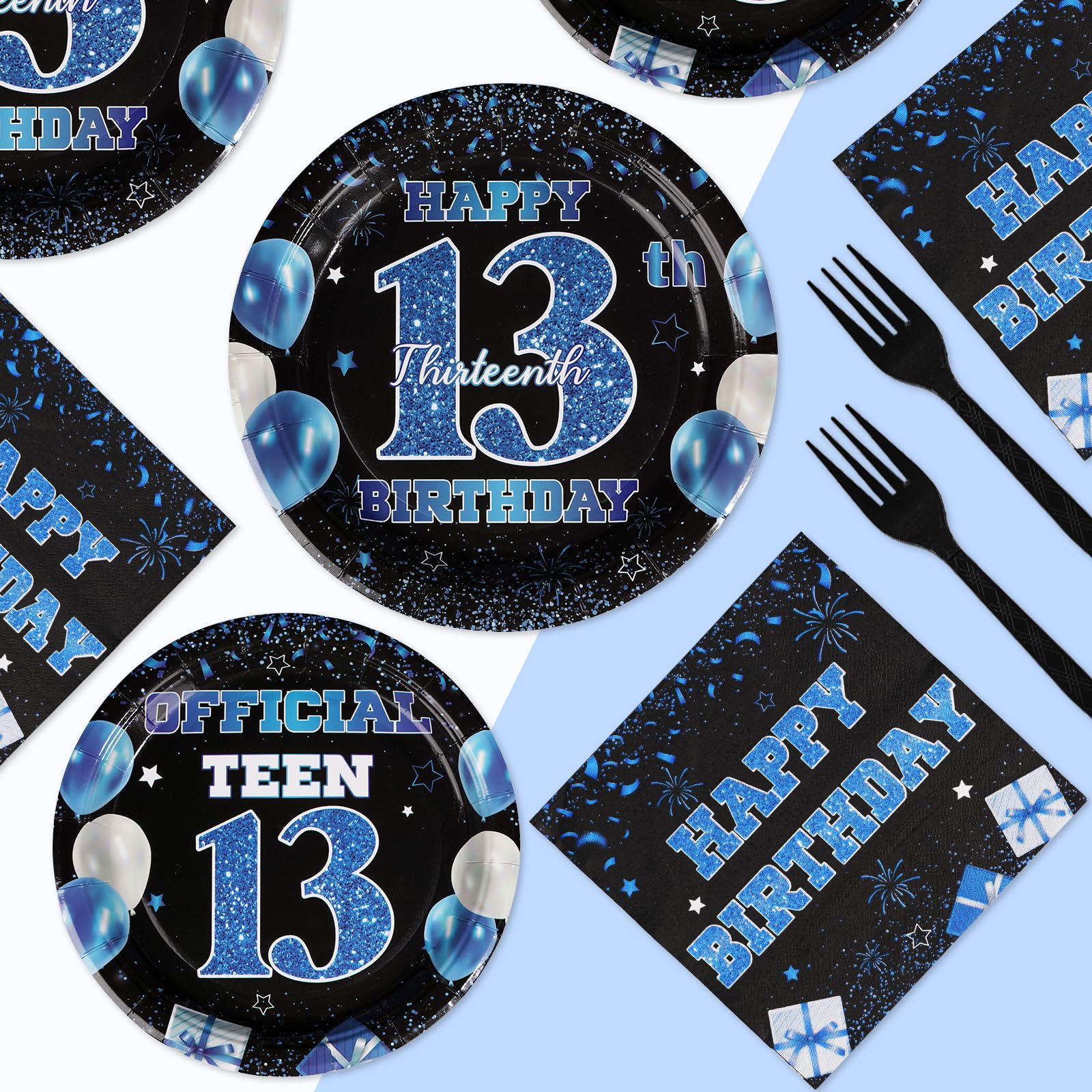 96 Pcs Blue and Black 13th Birthday Party Plates and Napkins - Grencian
