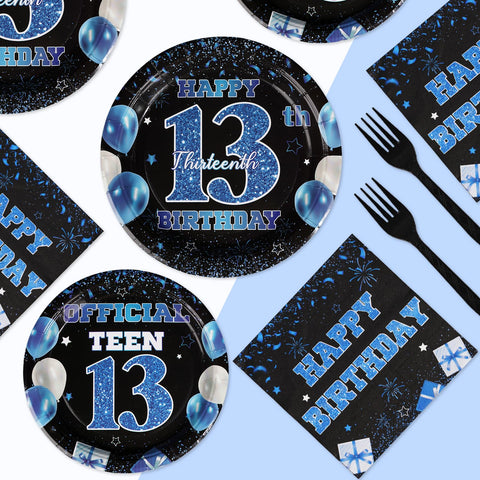 96 Pcs Blue and Black 13th Birthday Party Plates and Napkins - Grencian