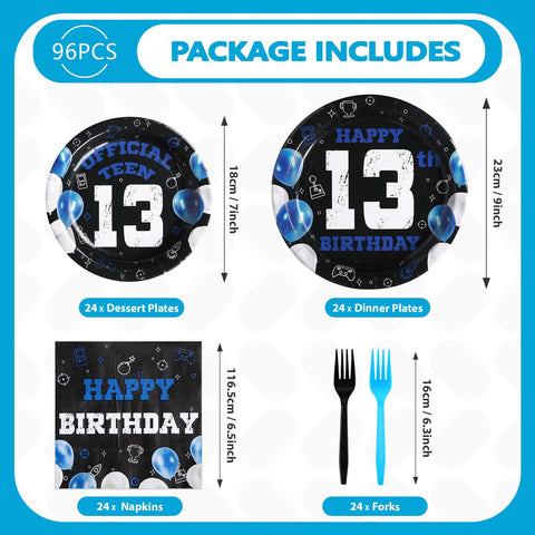 96 Pcs Blue Black 13th Birthday Party Plates and Napkins - Grencian