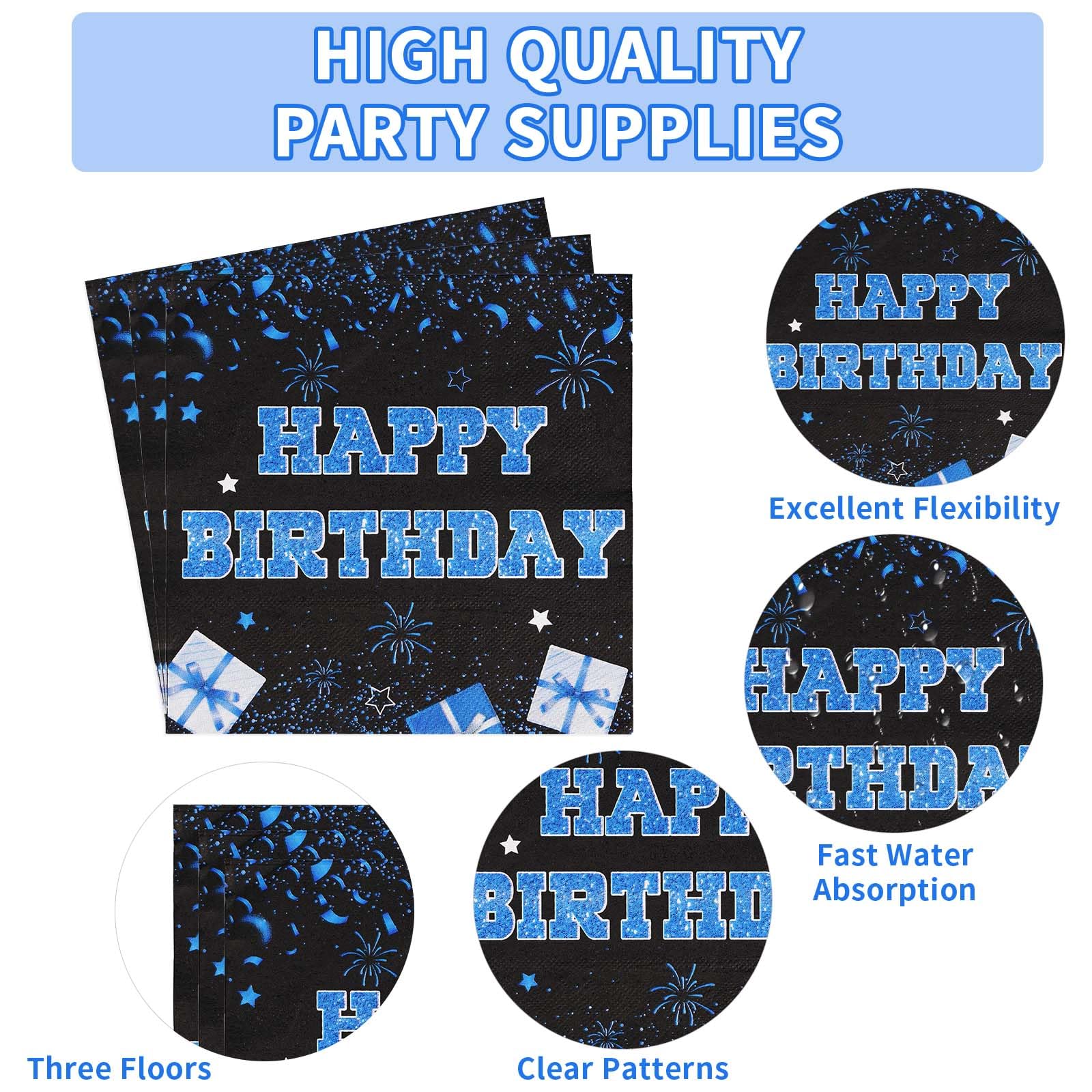 96 Pcs Blue and Black 13th Birthday Party Plates and Napkins - Grencian