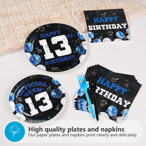 96 Pcs Blue Black 13th Birthday Party Plates and Napkins - Grencian