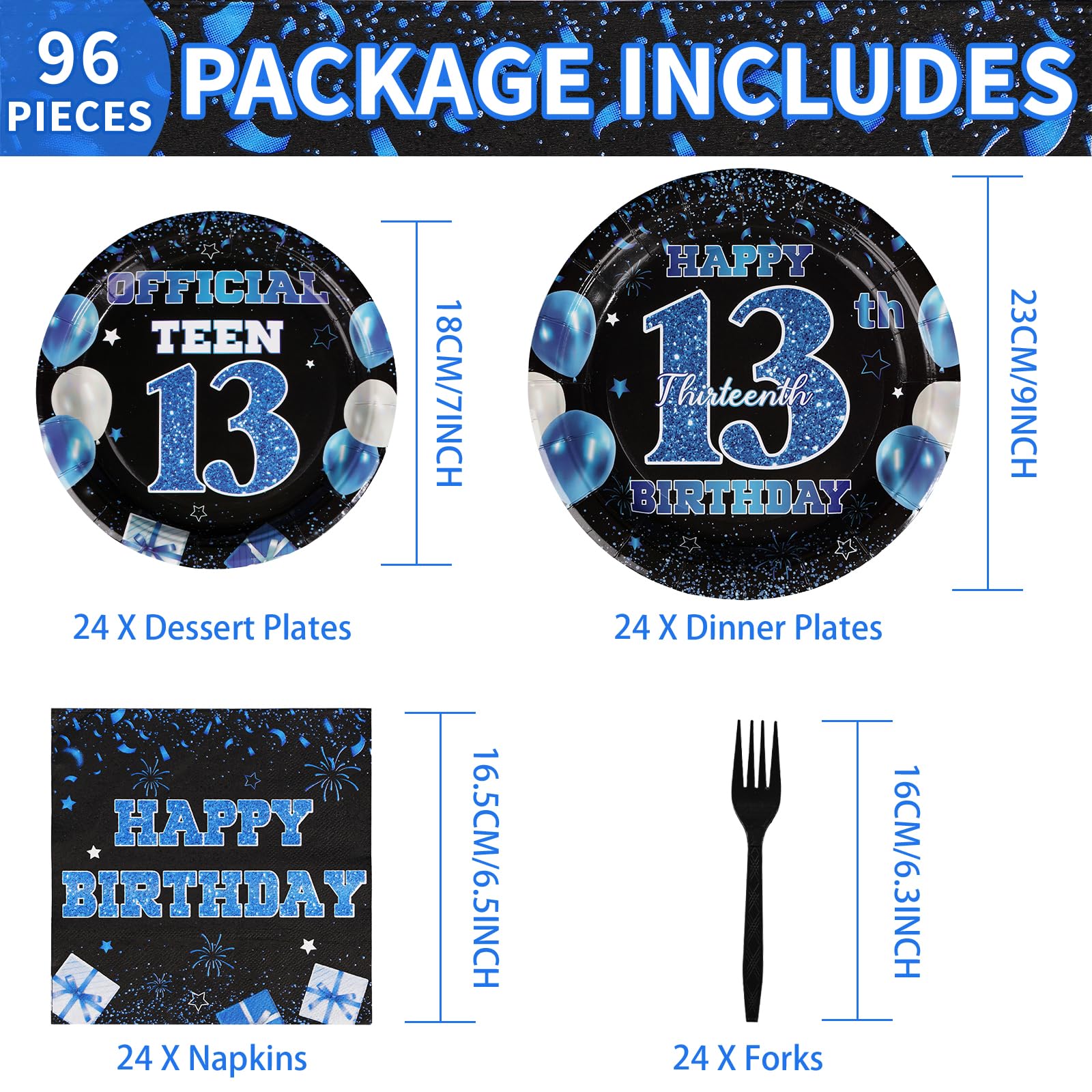 96 Pcs Blue and Black 13th Birthday Party Plates and Napkins - Grencian