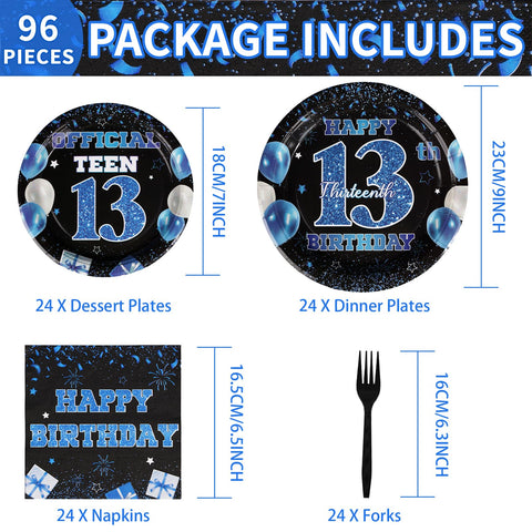 96 Pcs Blue and Black 13th Birthday Party Plates and Napkins - Grencian