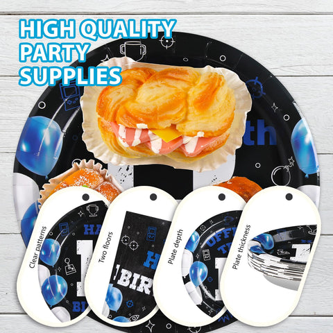 96 Pcs Blue Black 13th Birthday Party Plates and Napkins - Grencian
