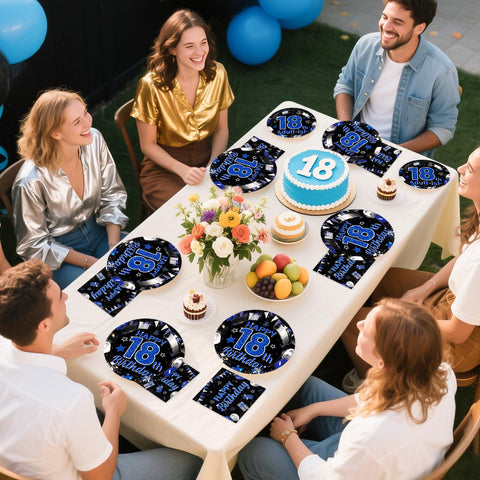 96 Pcs Blue Black 18th Birthday Party Plates and Napkins - Grencian