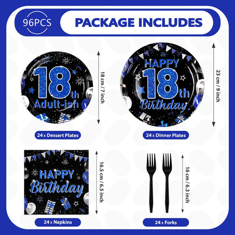 96 Pcs Blue Black 18th Birthday Party Plates and Napkins - Grencian