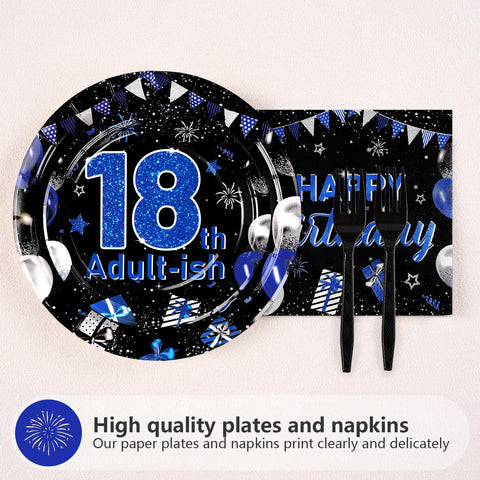 96 Pcs Blue Black 18th Birthday Party Plates and Napkins - Grencian