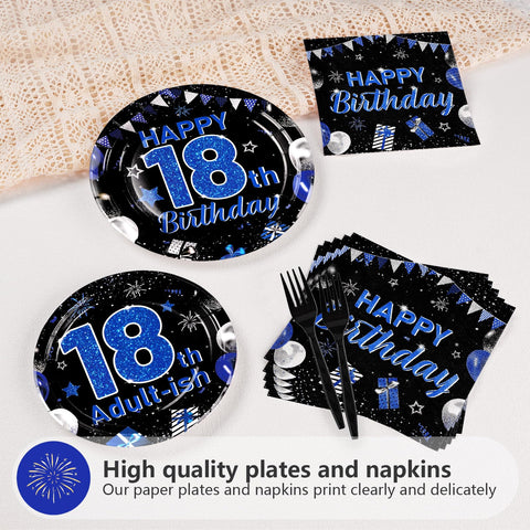 96 Pcs Blue Black 18th Birthday Party Plates and Napkins - Grencian