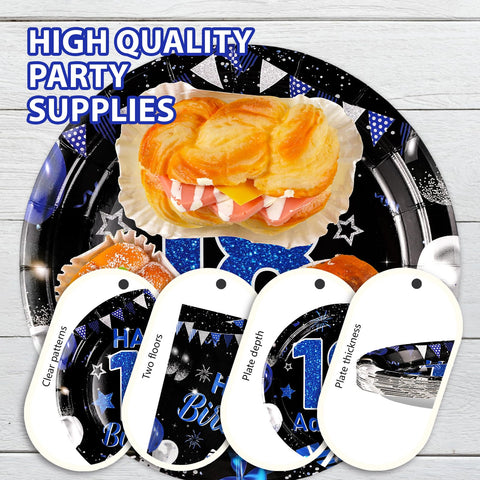 96 Pcs Blue Black 18th Birthday Party Plates and Napkins - Grencian