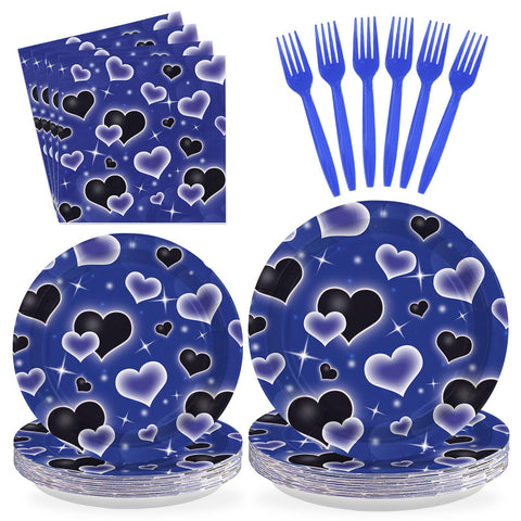 96 Pcs Blue Black Heart Party Plates and Napkins - Grencian