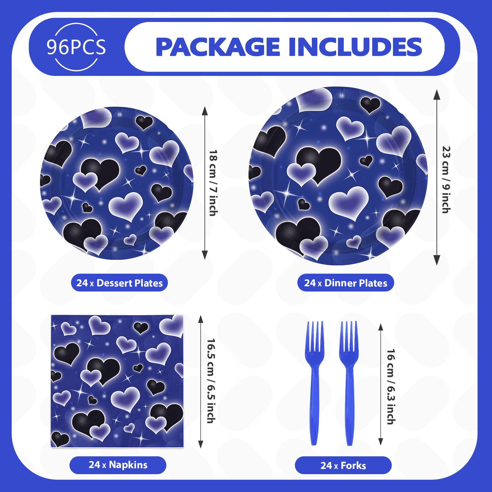 96 Pcs Blue Black Heart Party Plates and Napkins - Grencian