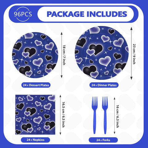 96 Pcs Blue Black Heart Party Plates and Napkins - Grencian