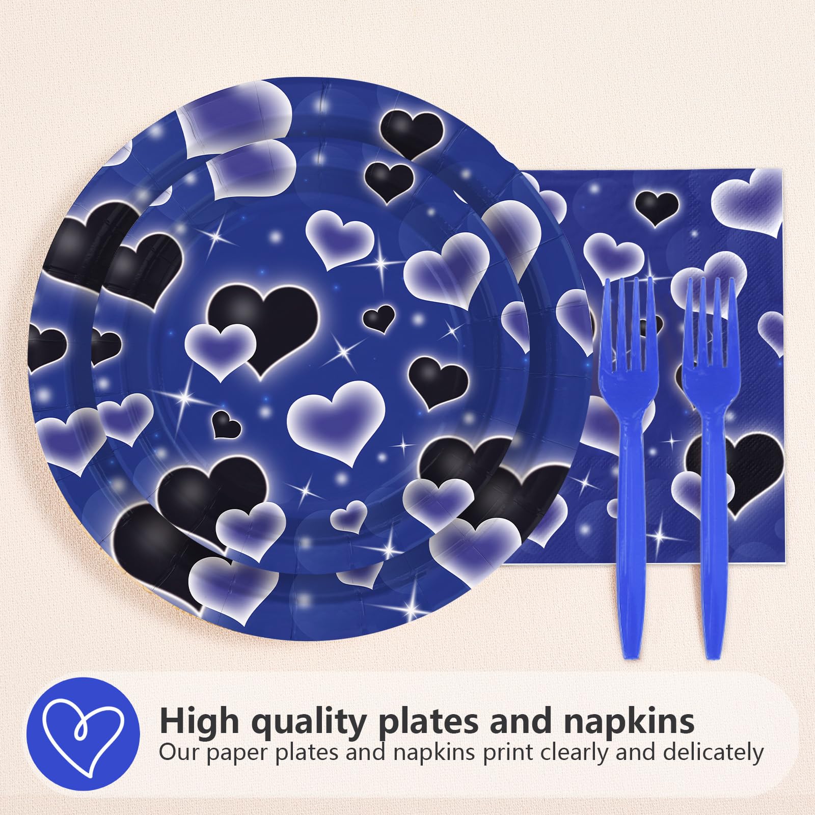 96 Pcs Blue Black Heart Party Plates and Napkins - Grencian